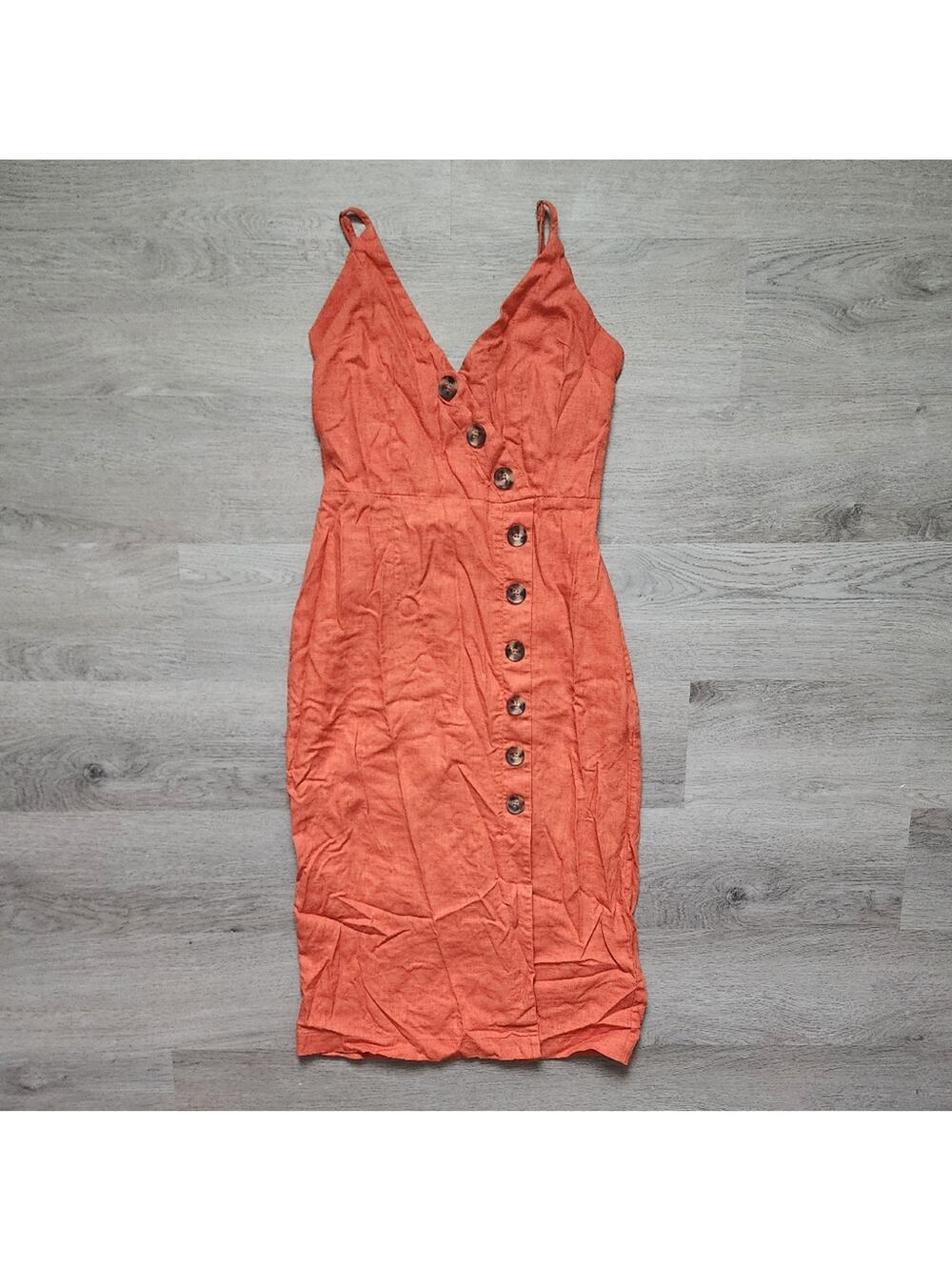 Forever 21 Junior's Orange Sleeveless V-Neck Button Down Knee Length Dress Small